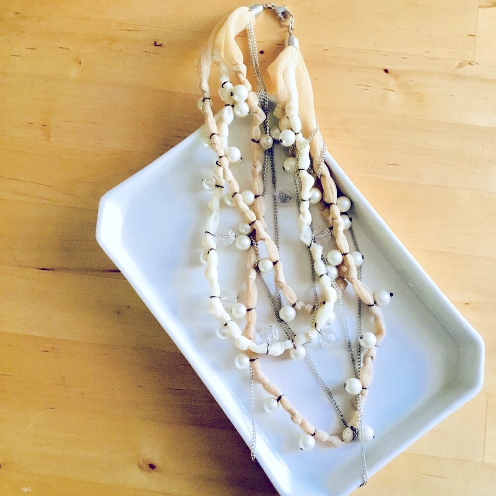 Two’s Company Layered Textile and Pearl Necklace, NWT
